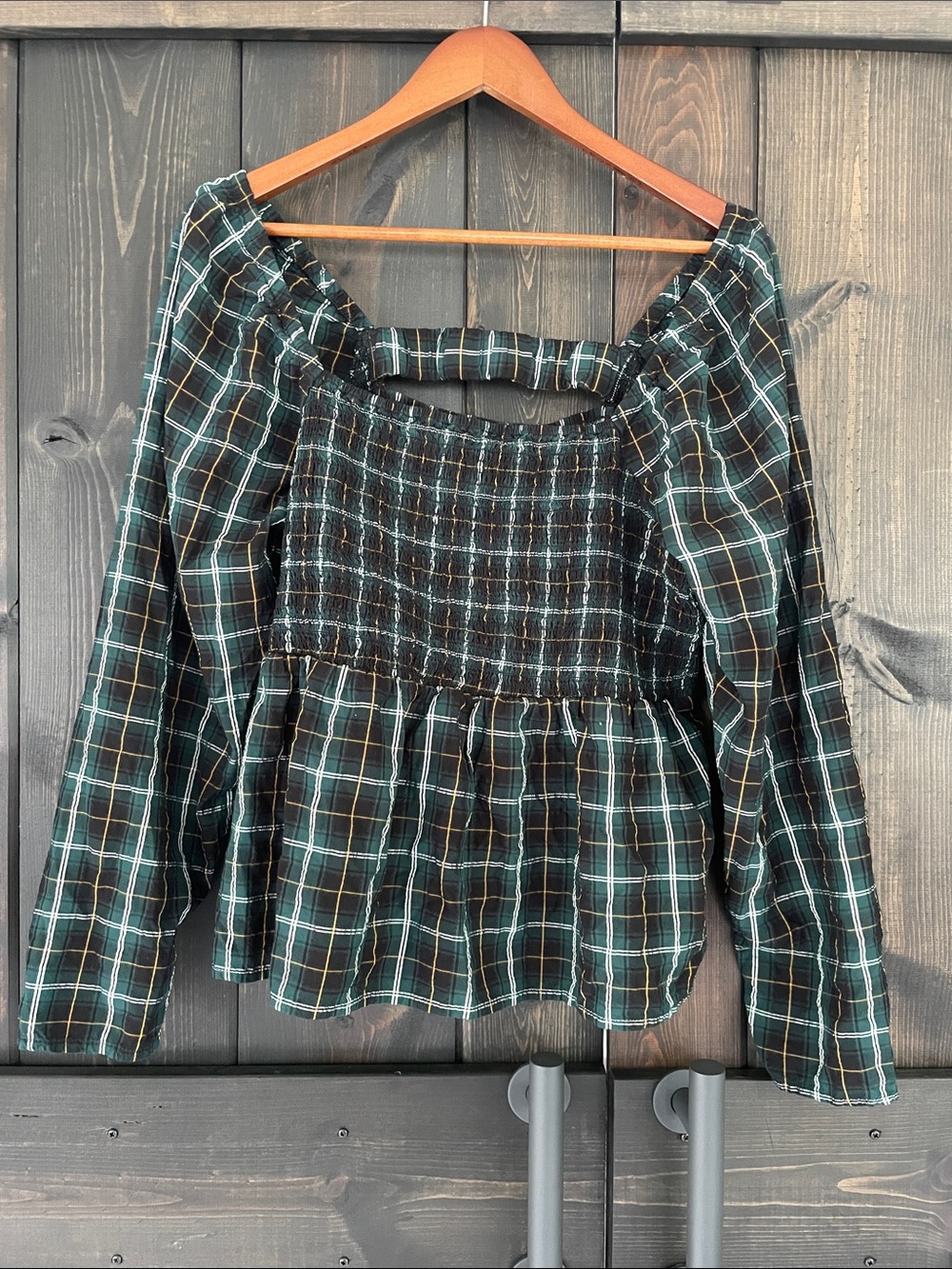 Old Navy Green Plaid Smocked Peplum Blouse